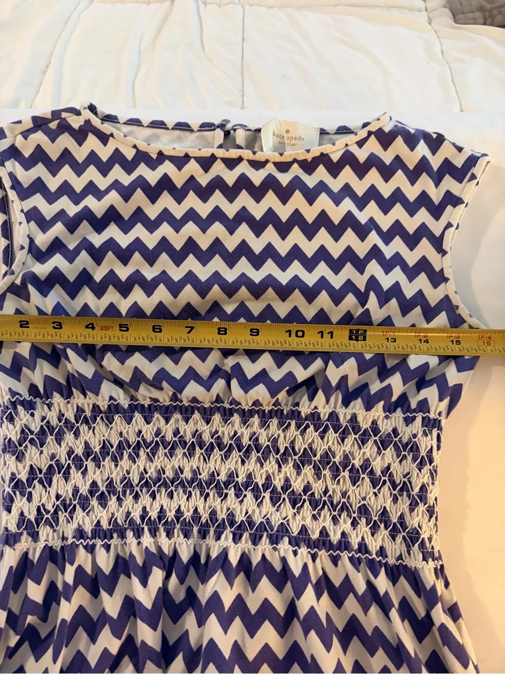 kate spade Blue and White Chevron Smocked Midi Dress with Cap Sleeves